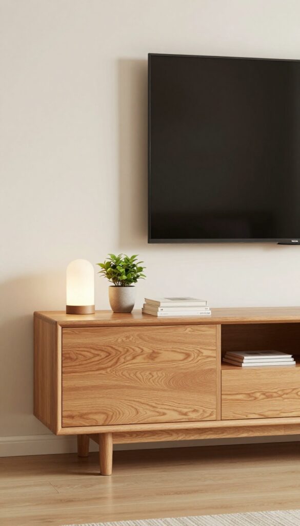 Low media console made from two stacked IKEA Eket cubes in warm wood, with TV above and decorative items on top.