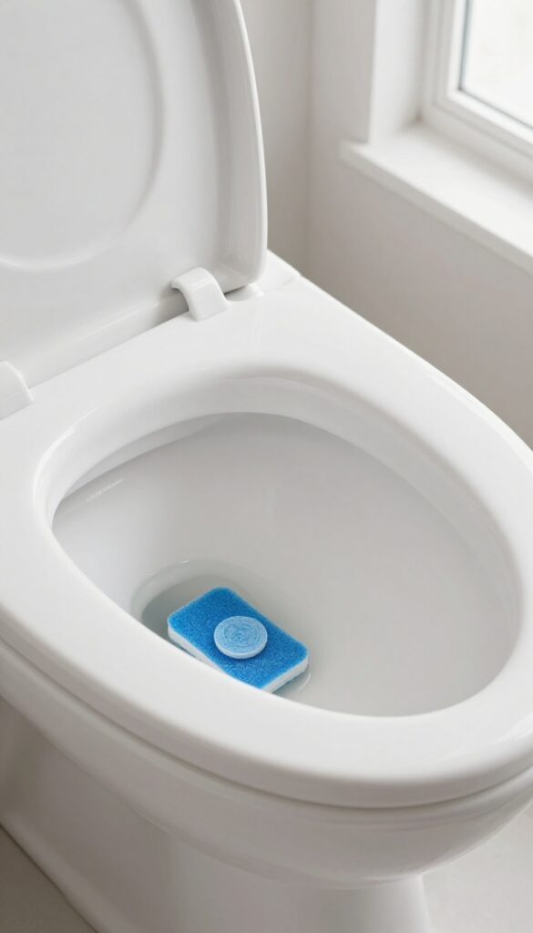 Close-up of a clean toilet with a blue tablet in the tank and a pumice stone by the bowl