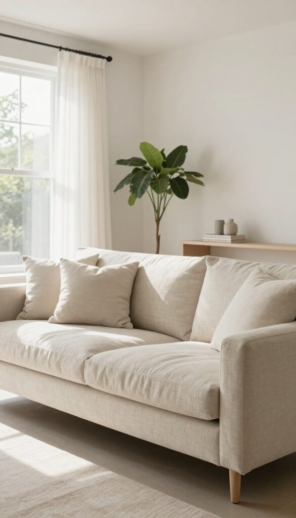 Low profile beige sofa with exposed legs in a bright living room, floated away from wall with console table and plant, small round coffee table, natural light.