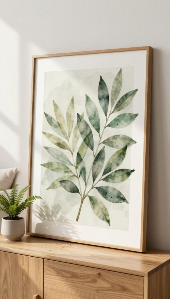 Botanical art in natural wood frame leaning on console table in bright living room