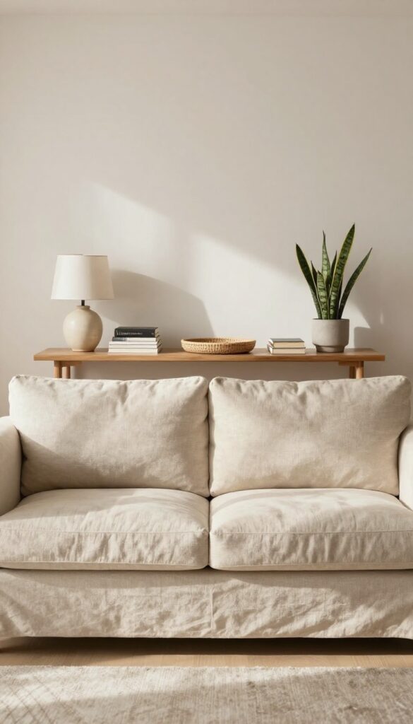 Slim console table behind a linen sofa with lamp, books, and tray in a bright living room