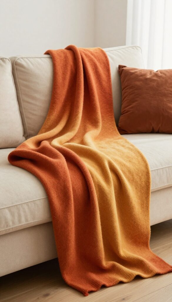 A chunky knit throw blanket with a crimson-to-golden ombre gradient draped over a cream sofa, surrounded by rust and terracotta pillows in a bright, cozy living room.