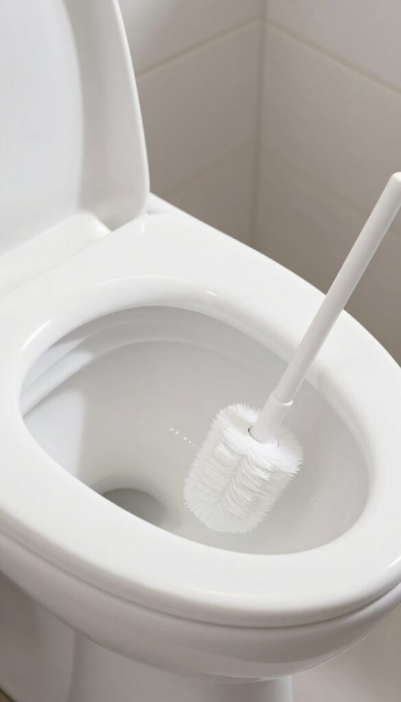 Clean toilet bowl with toilet brush inside, bright bathroom lighting