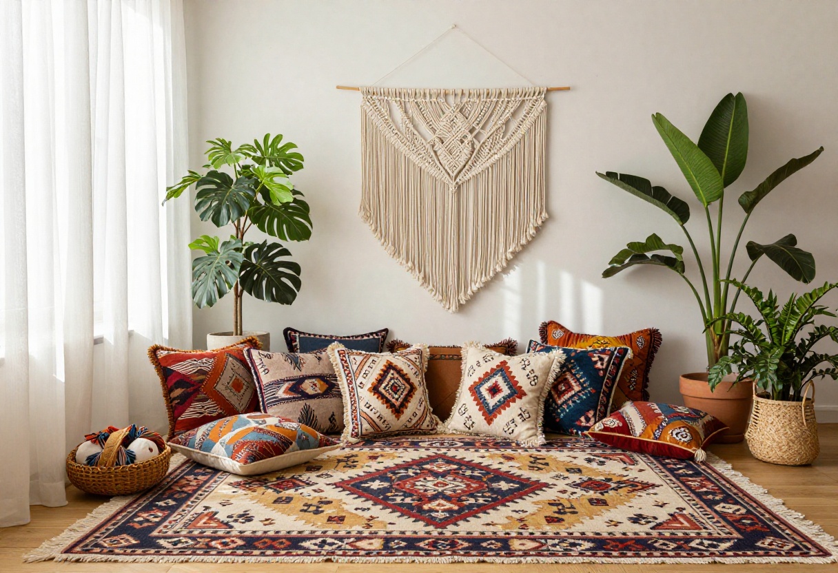 Cozy bohemian living room with colorful layers, plants, and natural light