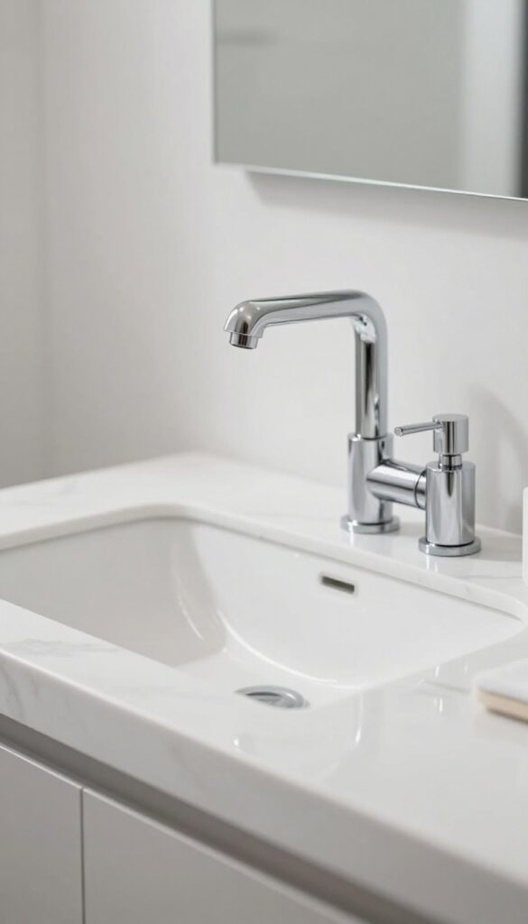 Mini squeegee on bathroom sink counter