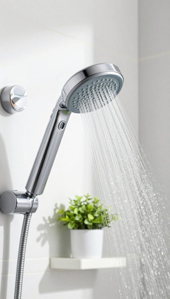 A clean chrome shower head spraying water in a bright, modern bathroom with natural light.