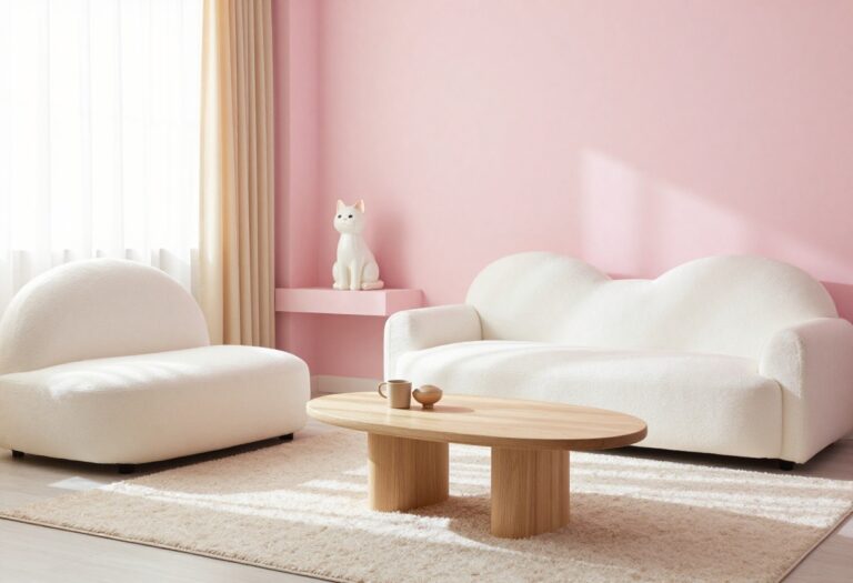 Modern pastel living room with cloud-like sofa and round coffee table, inspired by Adopt Me game style