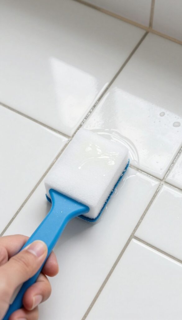 Hand using a dish wand to scrub grout on a bathroom floor