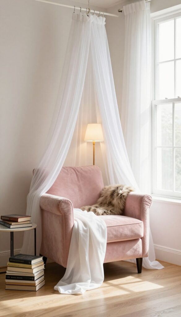 Cozy draped reading nook with blush armchair, sheer canopy, and warm lamp in bright living room