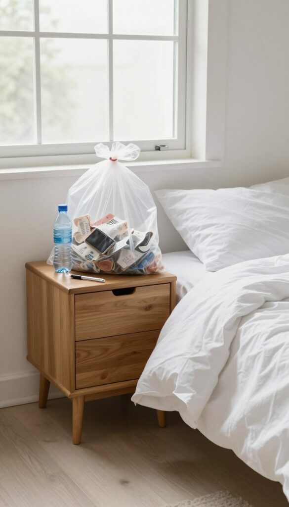 A bright bedroom with a trash bag on a nightstand containing empty bottles, receipts, and broken chargers, symbolizing the first step of decluttering.