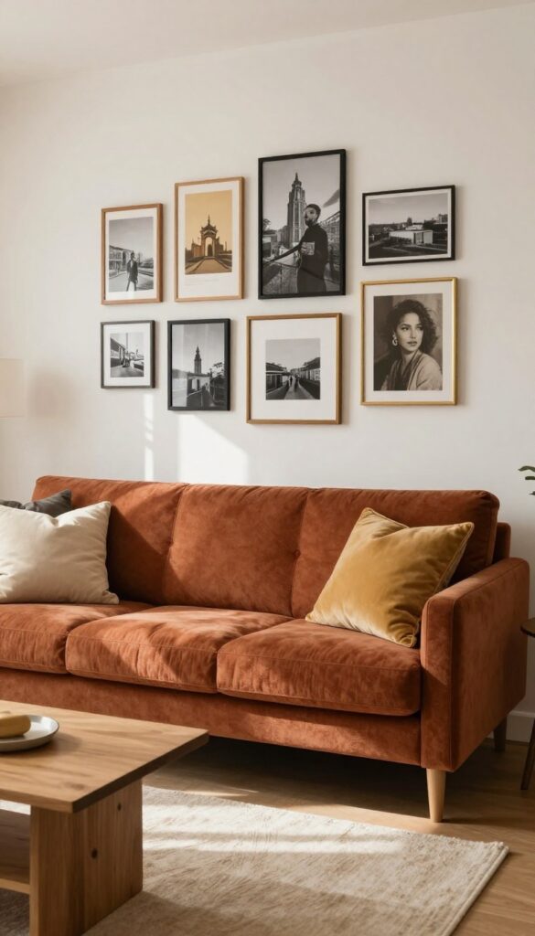 Rust sofa with a gallery wall of black-and-white photos and warm art in mixed frames, in a bright cozy living room