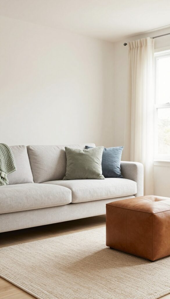 Cohesive color flow living room with beige, gray, and sage green accents