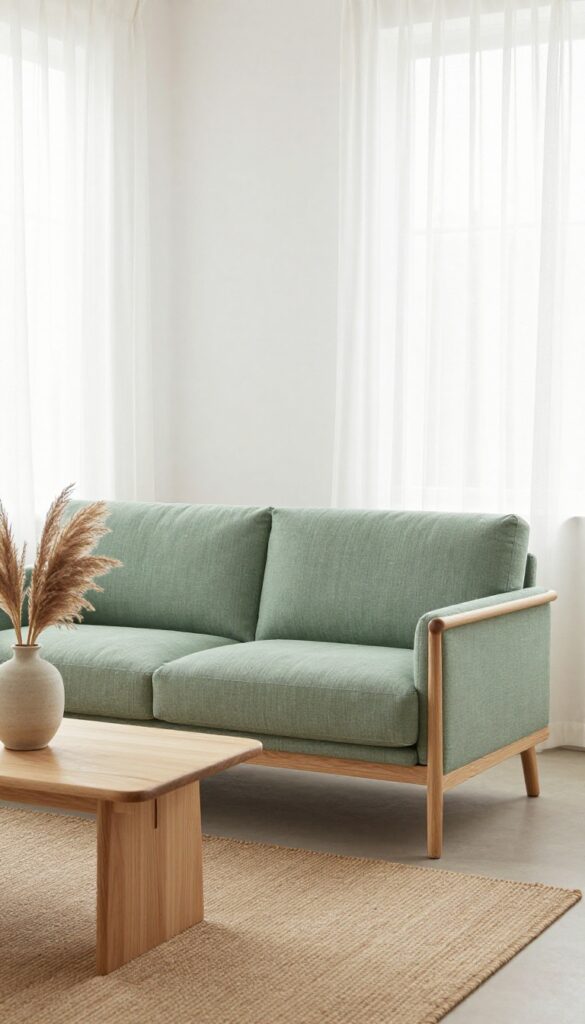 Light and airy living room with a vintage-inspired sage green sofa with a light wood frame, jute rug, and linen curtains.