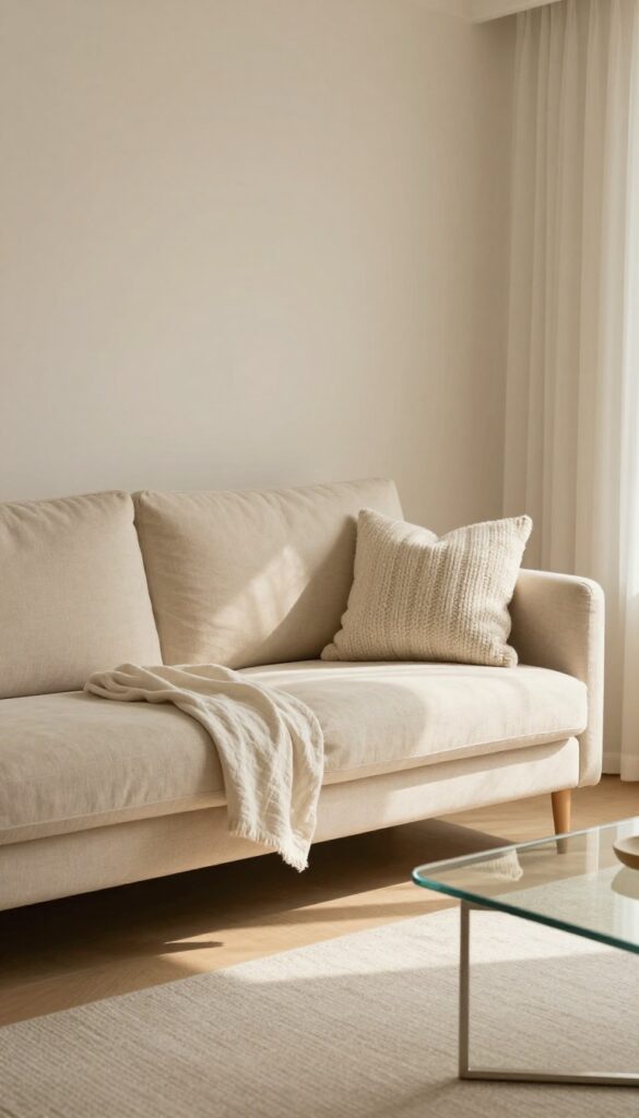 Small living room with a slim-arm beige loveseat, glass coffee table, and cozy throw pillows in natural light