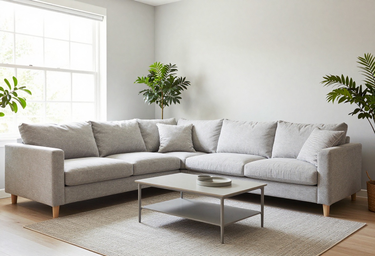 Modern gray living room with light gray sofa and natural light