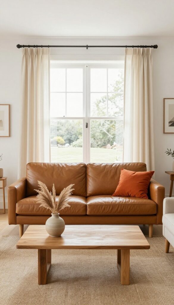 Neutral living room with cognac leather sofa and burnt orange accent pillow