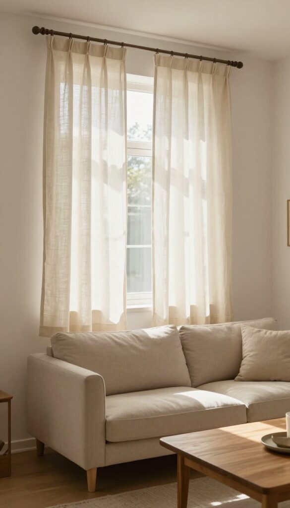 Living room with curtains hung high and wide to create the illusion of taller ceilings and larger windows.