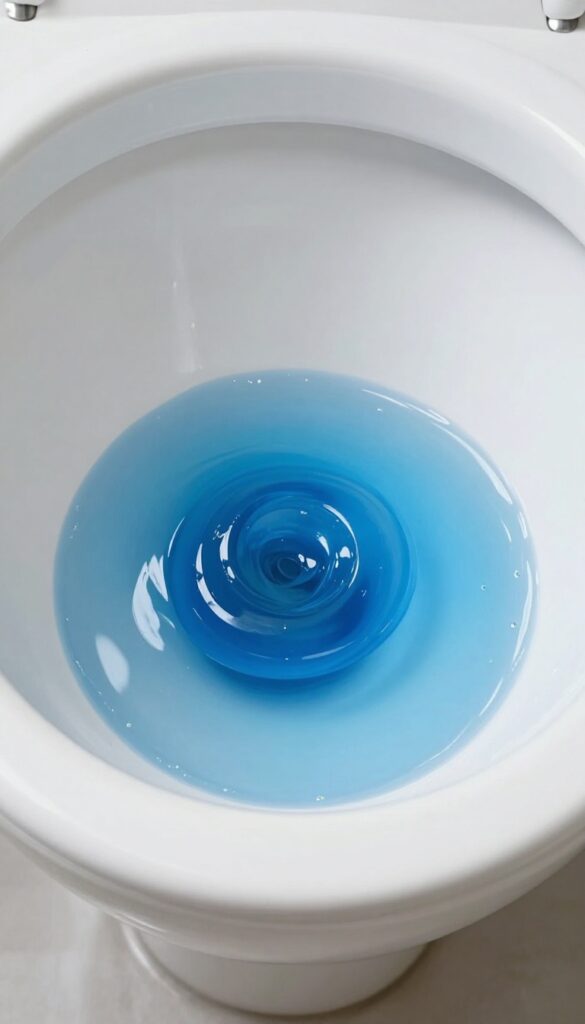 Close-up of a toilet bowl with blue gel bleach cleaner under the rim, bright natural light, clean and fresh appearance.
