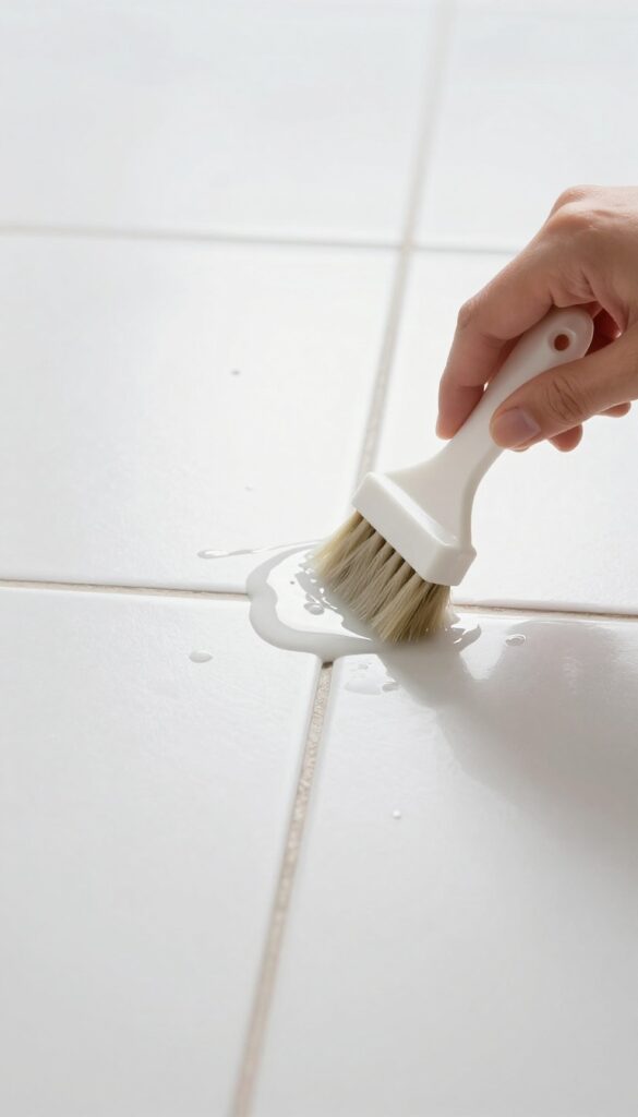 Hand applying grout sealer with a foam brush on clean tile floor grout lines