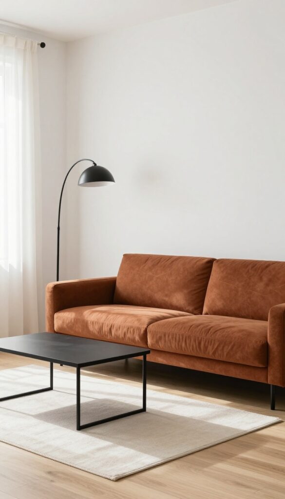 Rust sofa with black metal coffee table and floor lamp in bright living room