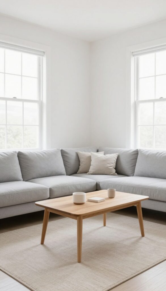 Light and airy small living room with neutral color palette, soft white walls, pale gray sofa, and light beige rug, natural light streaming in.