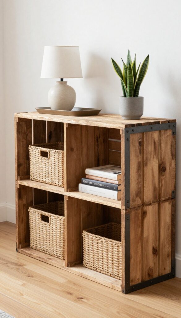 Crate-style TV console with open cubbies, baskets, and a plant in a small living room