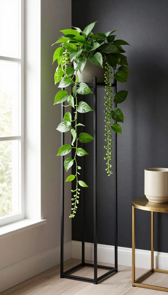 Trailing pothos and string of pearls on a tall black plant stand in a corner of a glam living room with natural light and brass accents.