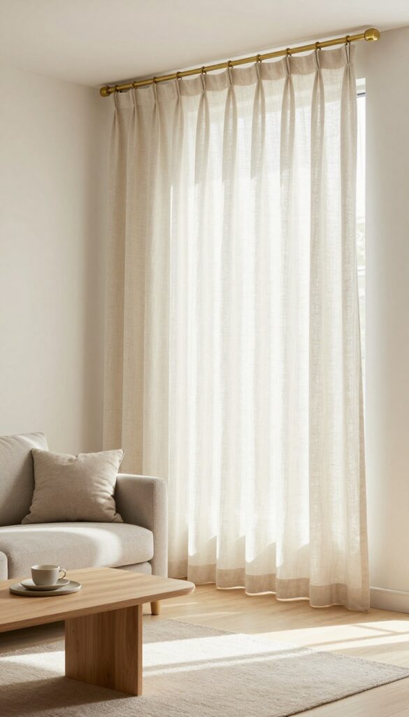 Tiny living room with high and wide curtain placement to create the illusion of taller walls and larger windows.