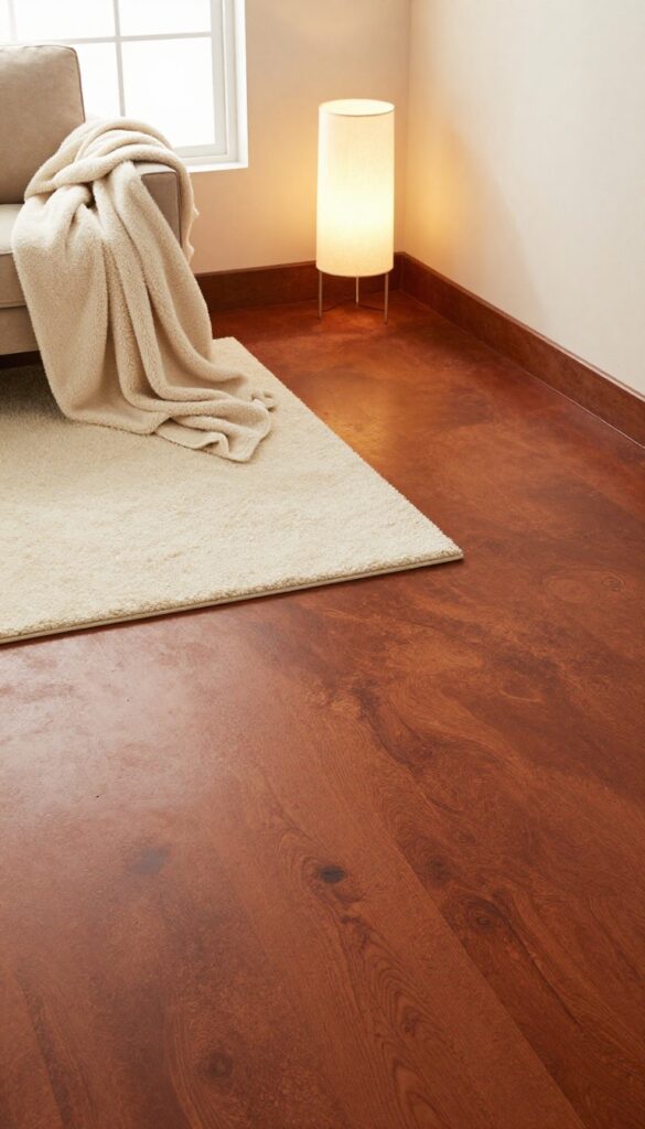 Stained concrete floor in warm amber and terra-cotta tones with a cream wool rug and soft lighting in a cozy living room.
