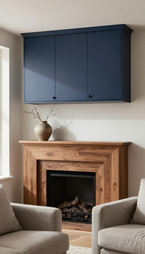 Fireplace with deep mantel and navy cabinets above, styled with a vase on top, in a bright living room