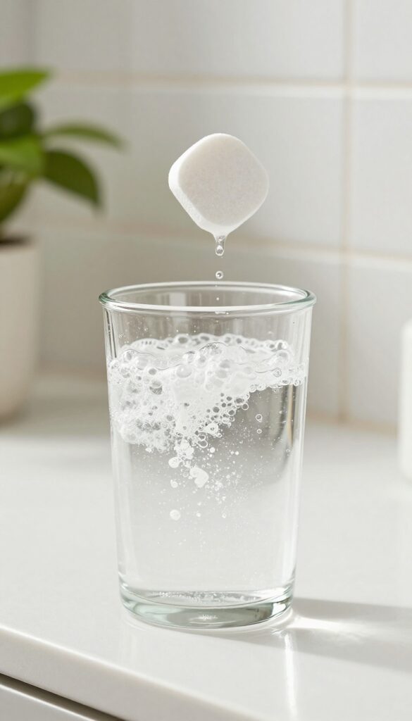 DIY cleaning tablet fizzing in a clear toilet tank with bright natural light and clean bathroom background
