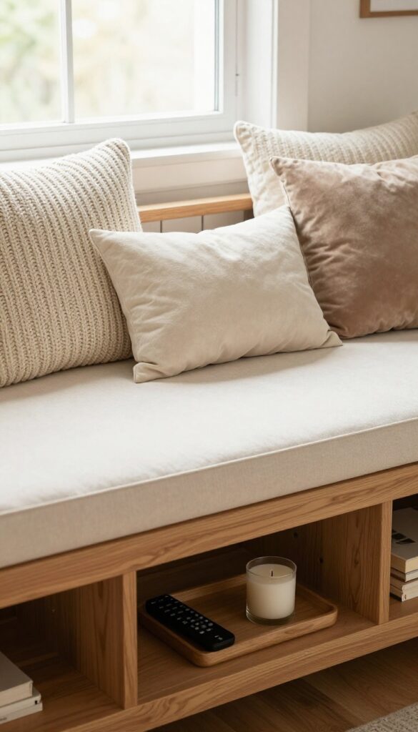 Storage bench with cushion and pillows under window in cozy small living room