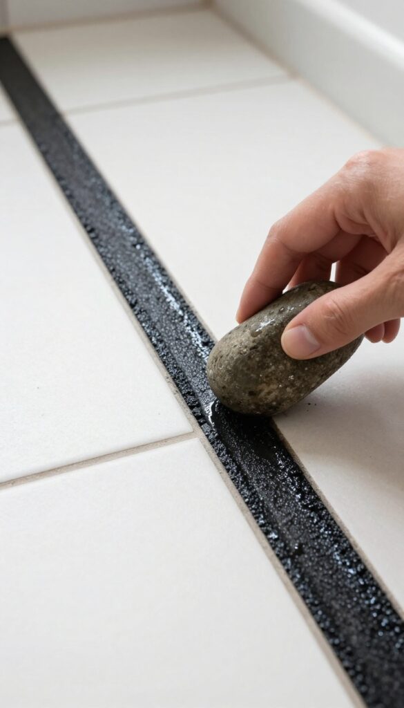 Pumice stone cleaning hardened grime from grout lines on a bathroom floor