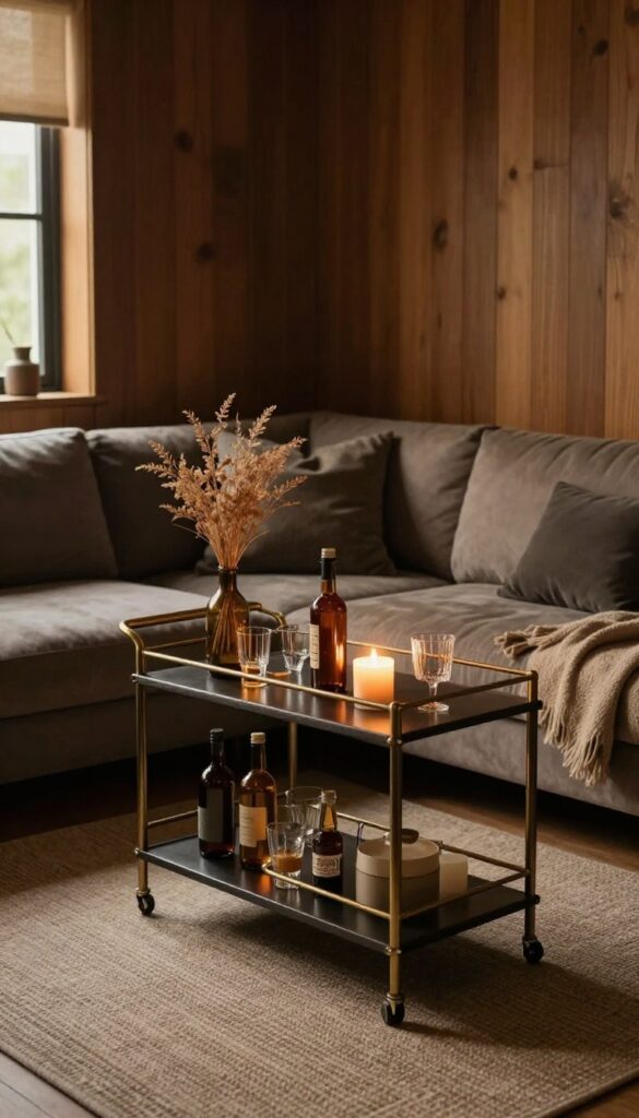Cozy basement living room with a mini bar cart stocked with drinks and decor, warm lighting, and plush seating.