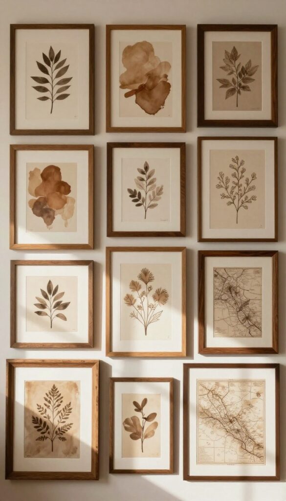 Gallery wall with brown and beige framed art in a cozy living room