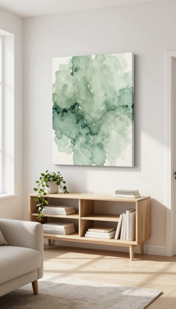 Sage green abstract artwork hanging above a console table in a bright living room with natural light