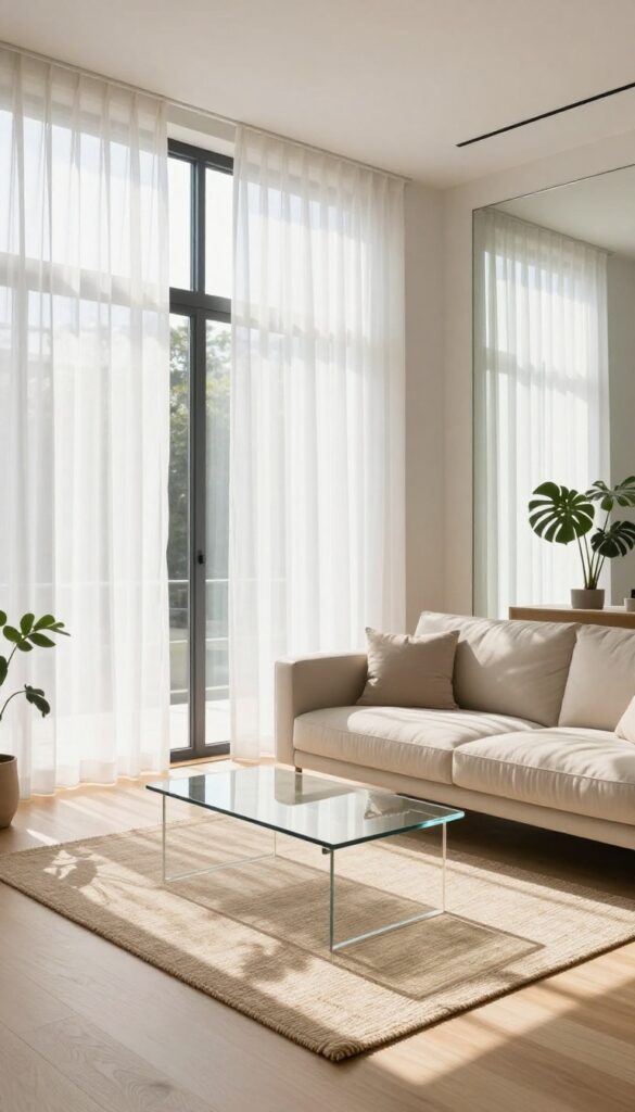 Modern living room with sunlight streaming through sheer curtains, light neutral palette, and a mirror reflecting the window.