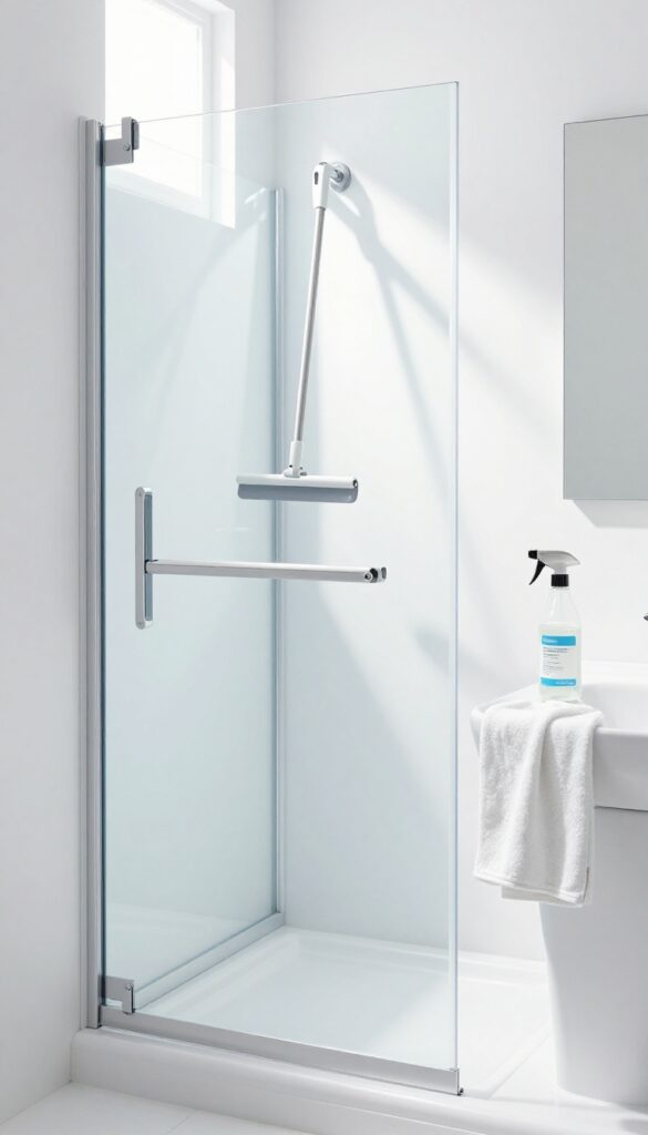 Clean shower glass door with squeegee and vinegar spray bottle for weekly maintenance routine