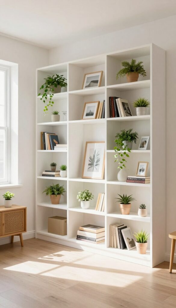 Asymmetric shelving in a bright living room with books, plants, and frames on staggered shelves.