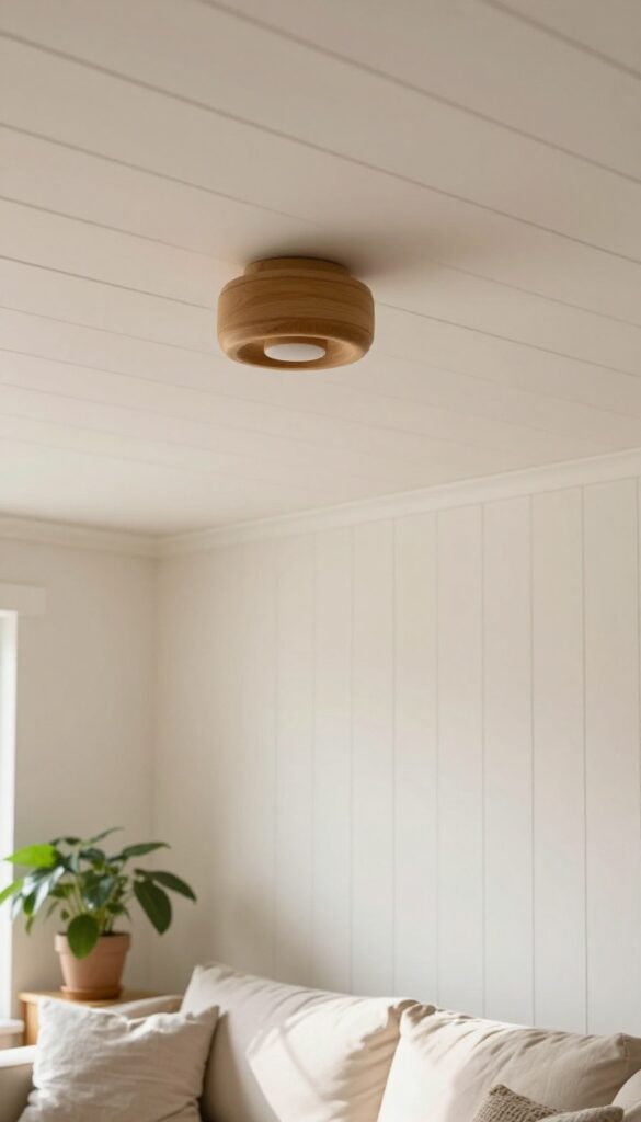 White beadboard ceiling in a cozy living room with natural light and a wooden light fixture