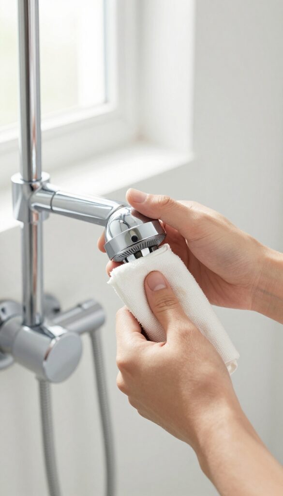 Hand unscrewing a shower head with a cloth for grip in a bright bathroom