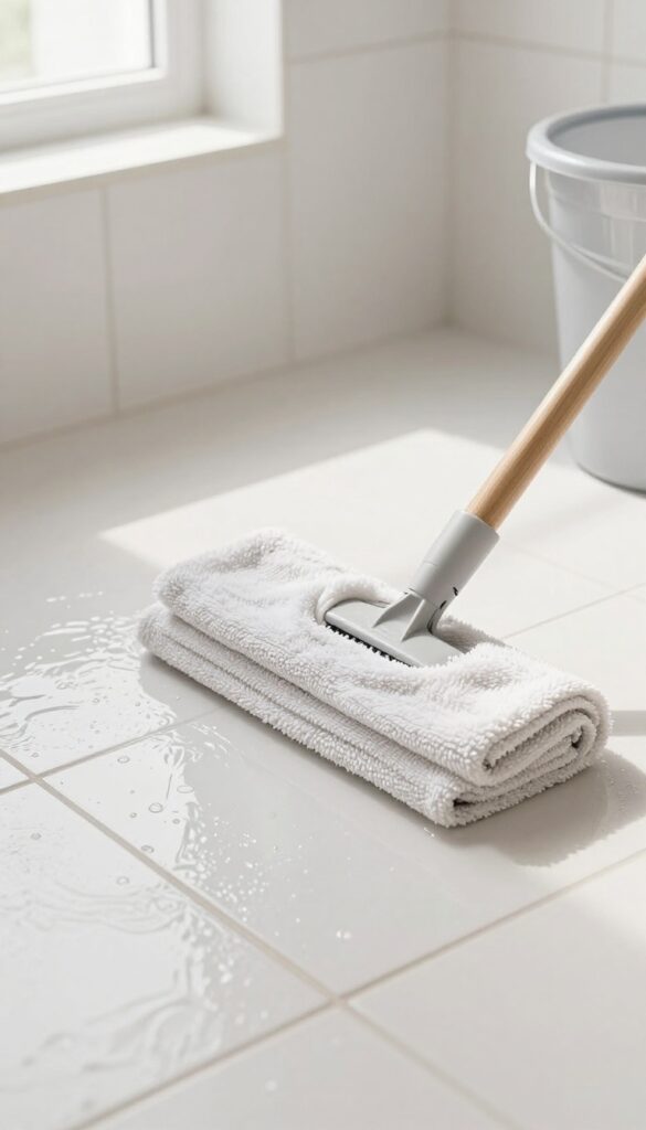Mopping a clean bathroom floor with a microfiber mop, natural light, spotless tile