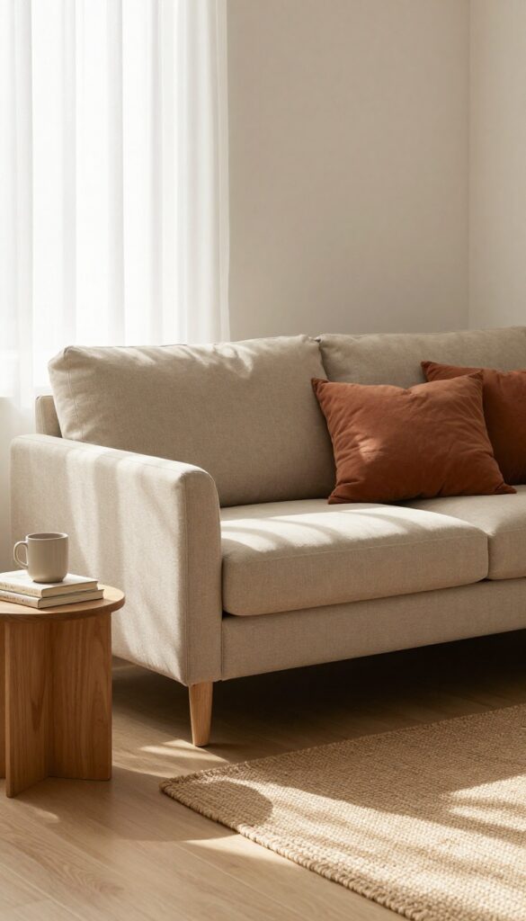 Cozy small living room with a warm oatmeal sleeper sofa, rust throw pillows, jute rug, and soft natural light.