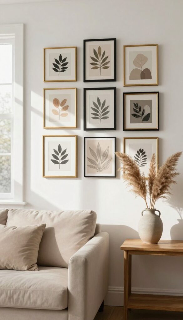 Gallery wall with affordable art above a sofa in a bright living room