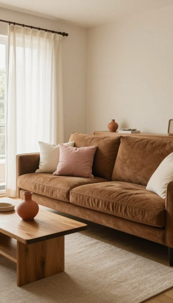 Cozy small living room with brown sofa, cream walls, tan rug, blush and cream pillows, and terracotta vase, warm neutral palette.