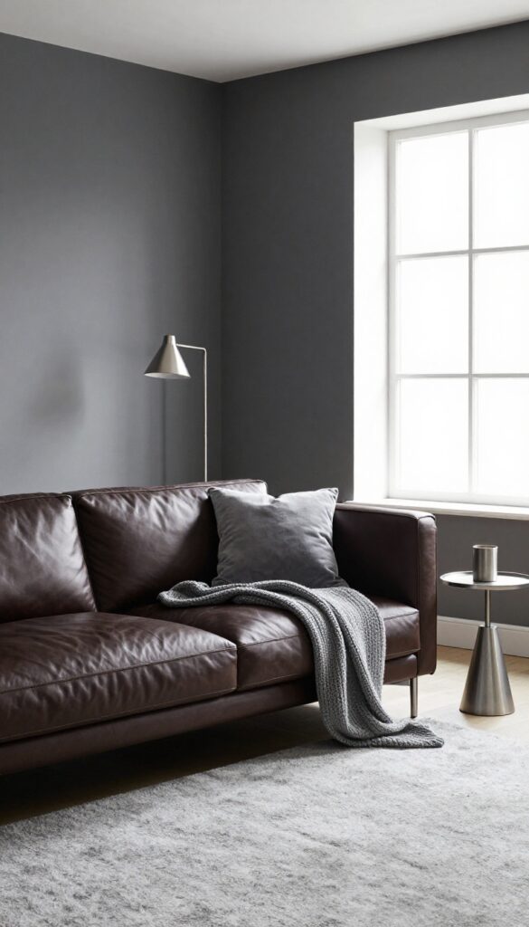Modern living room with dark brown leather sofa on light gray rug against charcoal gray walls, silver accessories, and soft gray pillows.
