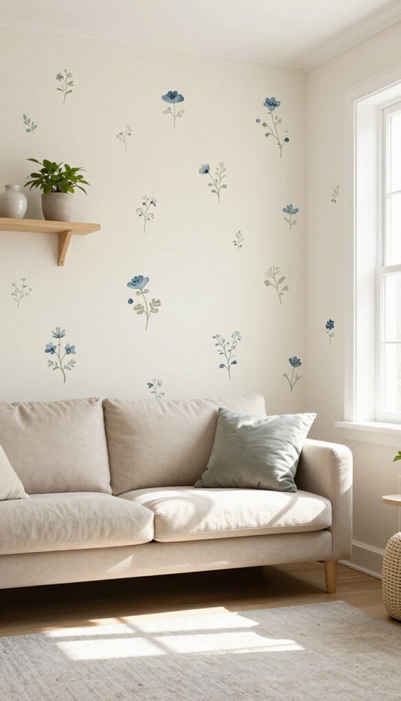 Small living room with peel-and-stick wallpaper accent wall in delicate floral pattern, beige sofa, floating shelf, and natural light.