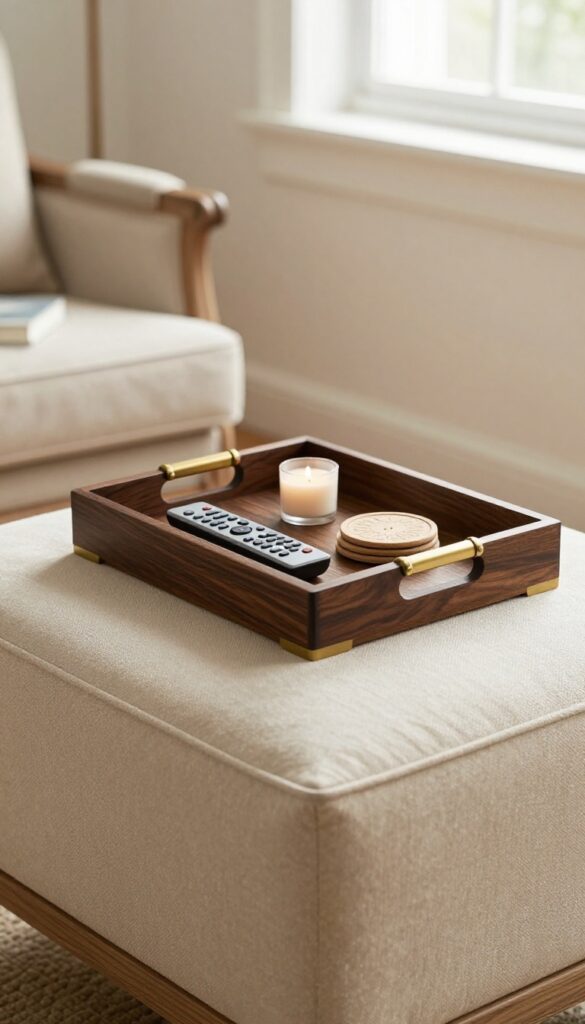 A decorative tray on an ottoman organizes remotes and coasters in a small traditional living room.