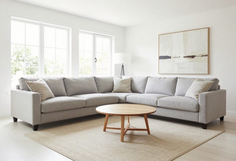Cozy living room with a 3+2 seater sofa arrangement, light colors, and natural light