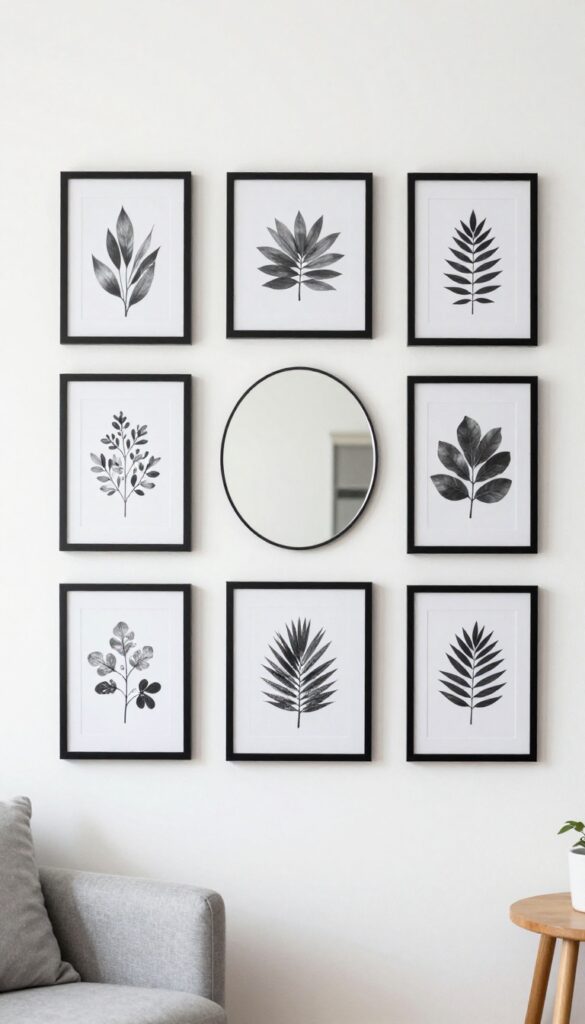 A gallery wall with black frames and a round mirror in a tiny living room, arranged in a grid layout for a cohesive look.